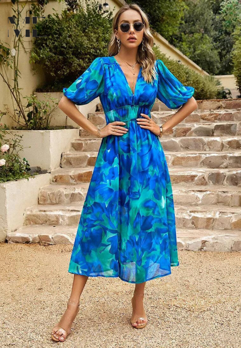 Roxanne | Elegant Floral Midi Dress with Puff Sleeves - Image 7
