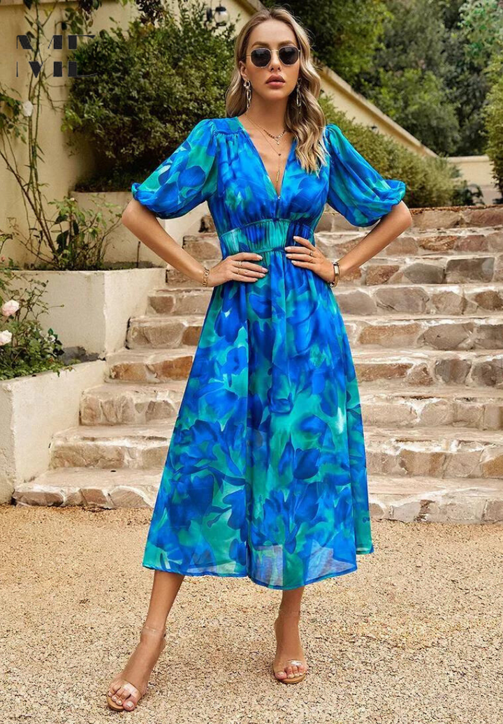 Roxanne | Elegant Floral Midi Dress with Puff Sleeves - Image 7