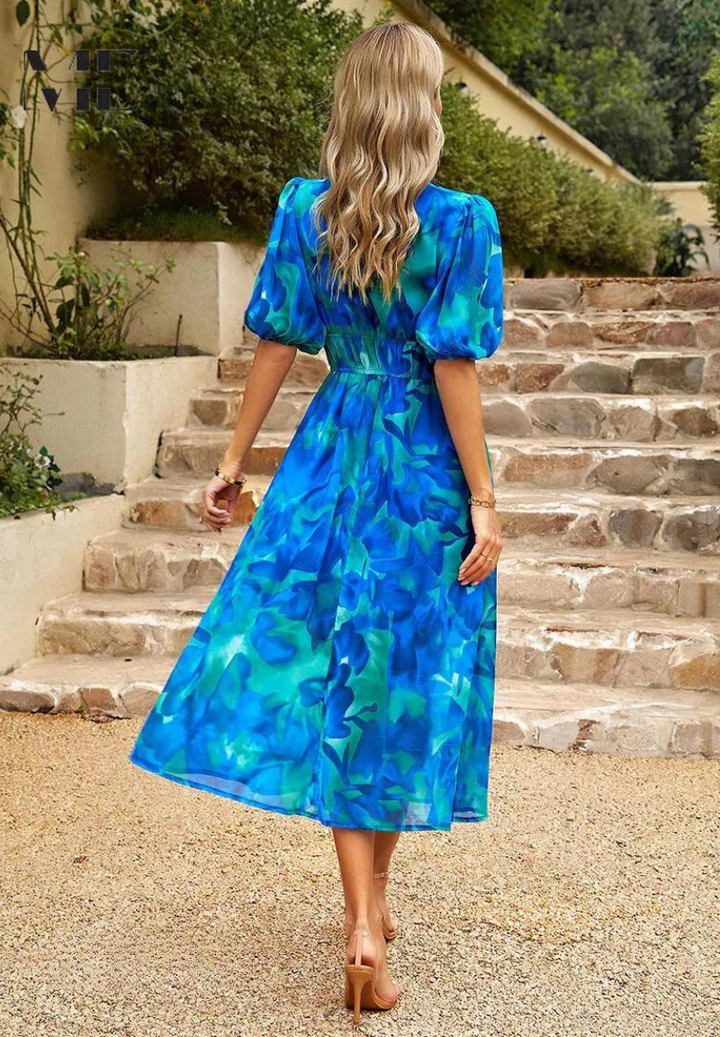 Roxanne | Elegant Floral Midi Dress with Puff Sleeves - Image 4