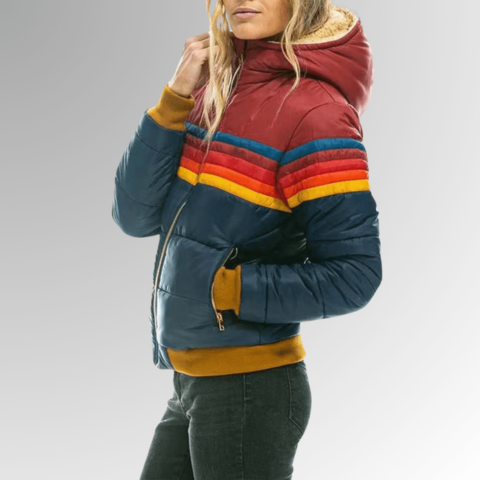 Damen Retro Pufferjacke mit Kapuze | Farbblock-Stil