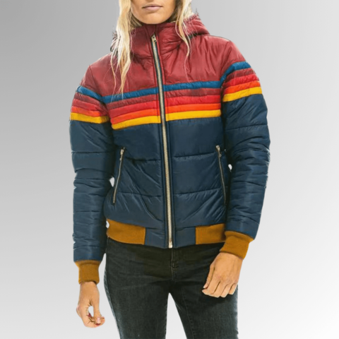 Damen Retro Pufferjacke mit Kapuze | Farbblock-Stil