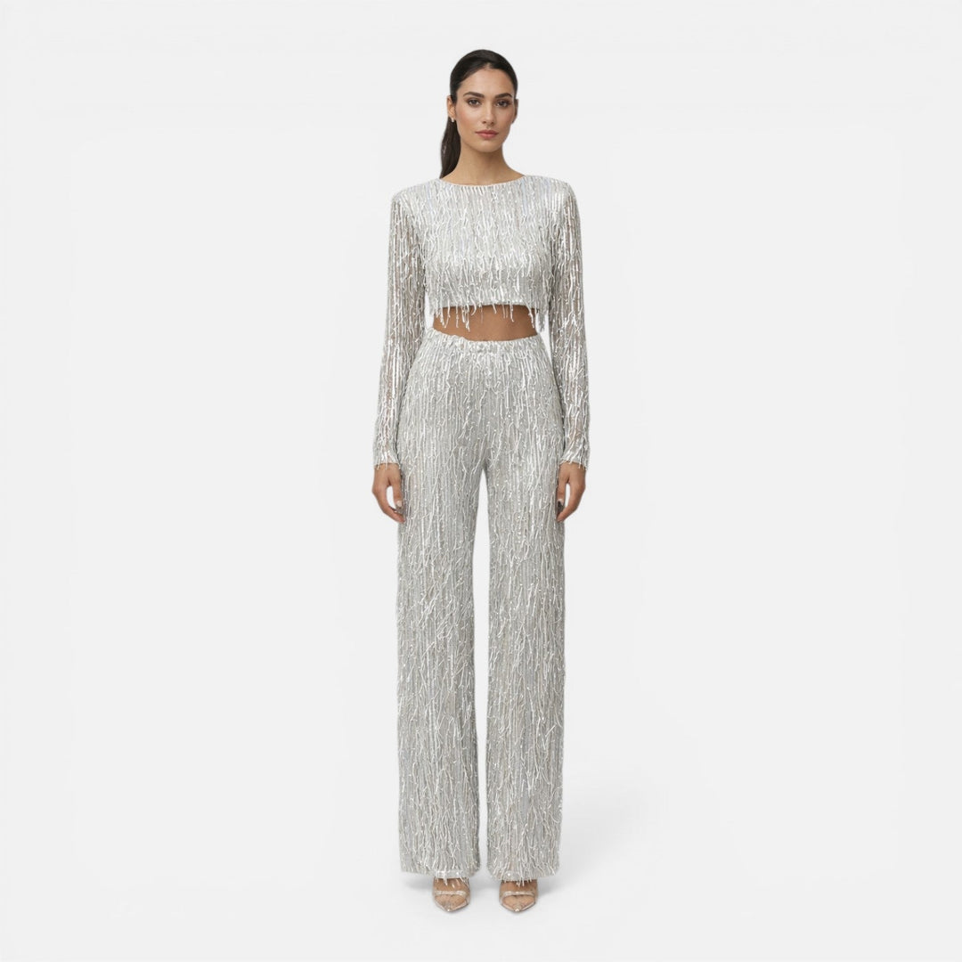 Fiona - Damen Pailletten Party Set Crop Top Weite Hose