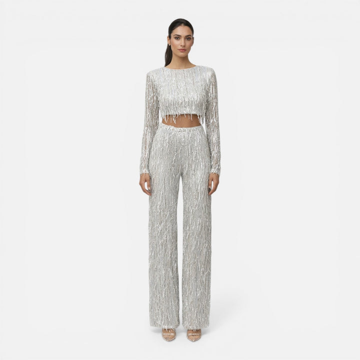 Fiona - Damen Pailletten Party Set Crop Top Weite Hose
