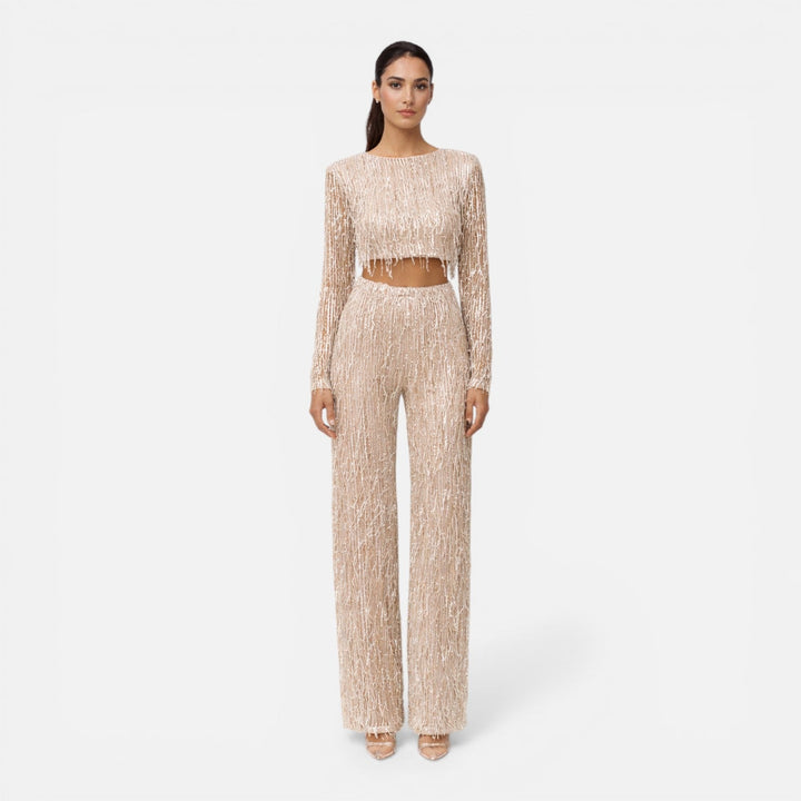 Fiona - Damen Pailletten Party Set Crop Top Weite Hose