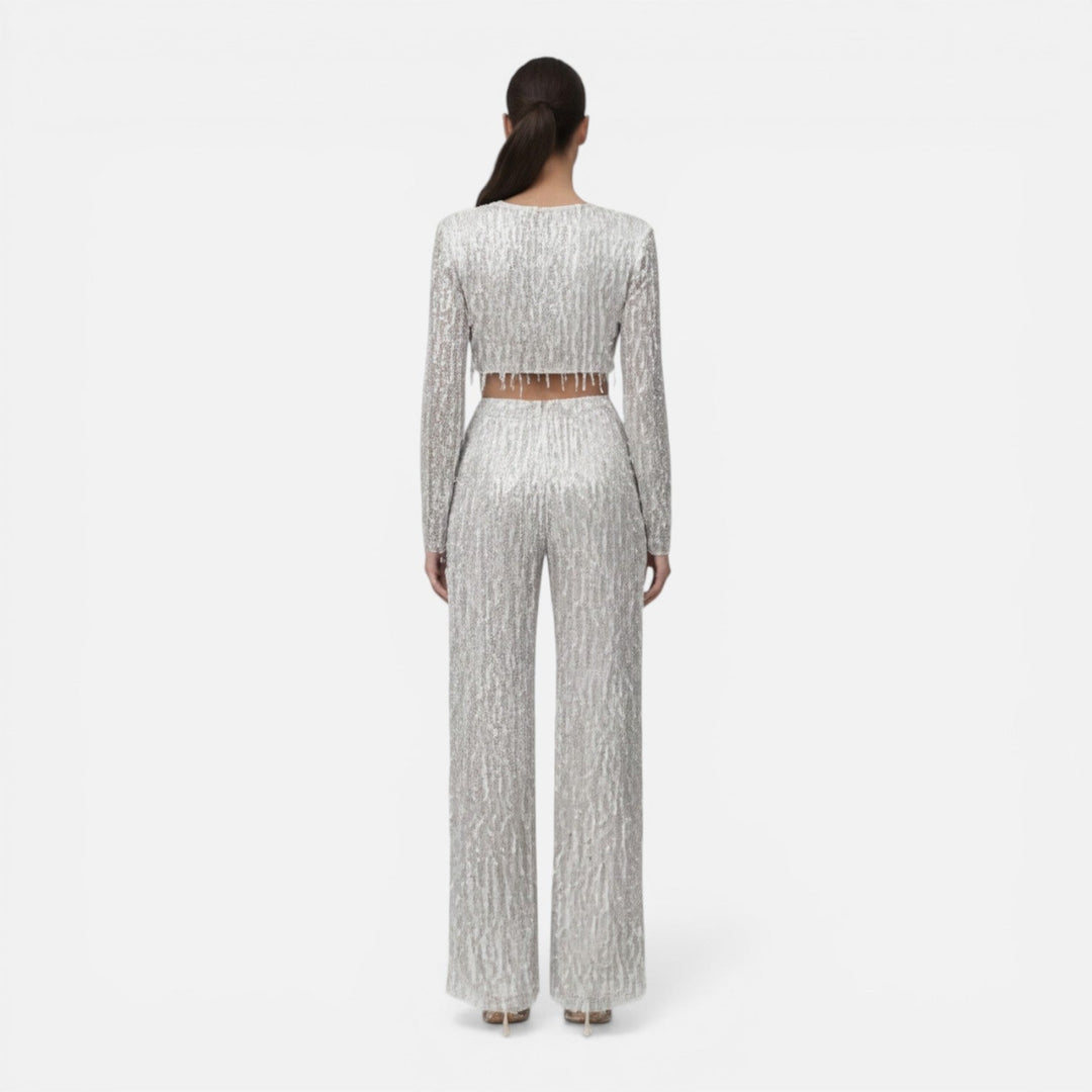 Fiona - Damen Pailletten Party Set Crop Top Weite Hose