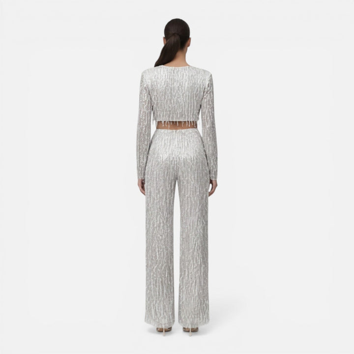 Fiona - Damen Pailletten Party Set Crop Top Weite Hose