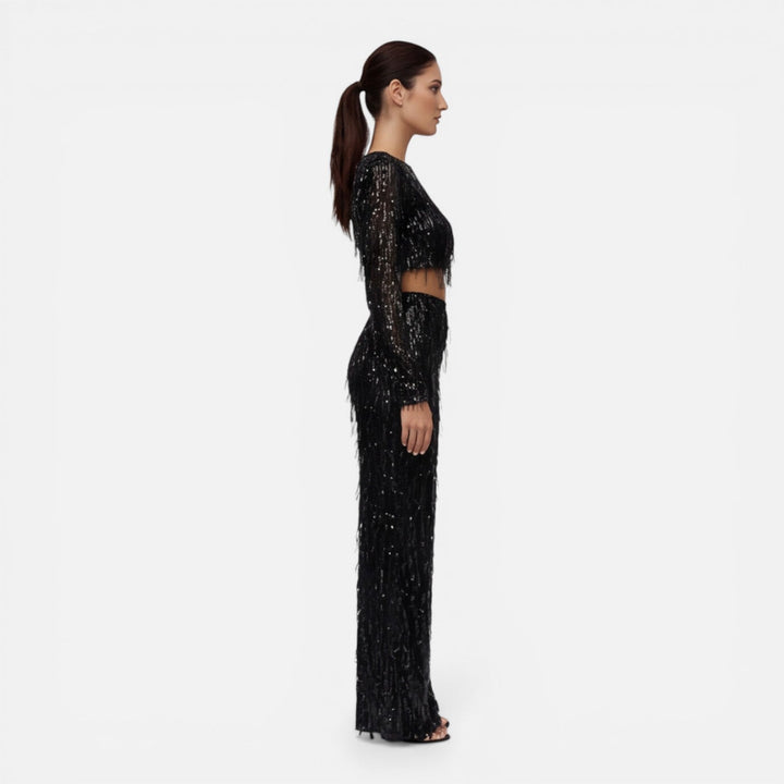 Fiona - Damen Pailletten Party Set Crop Top Weite Hose