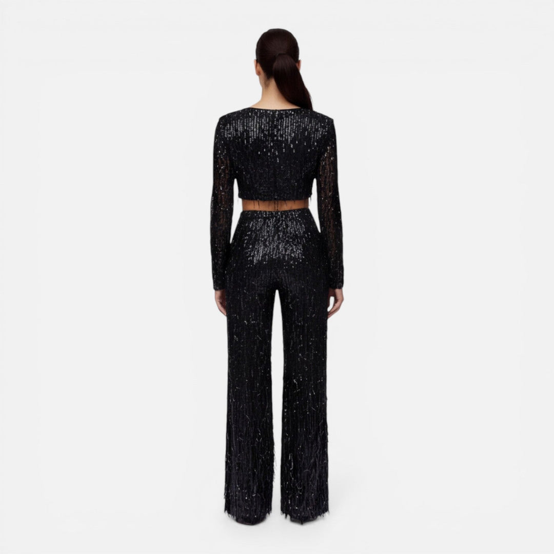 Fiona - Damen Pailletten Party Set Crop Top Weite Hose