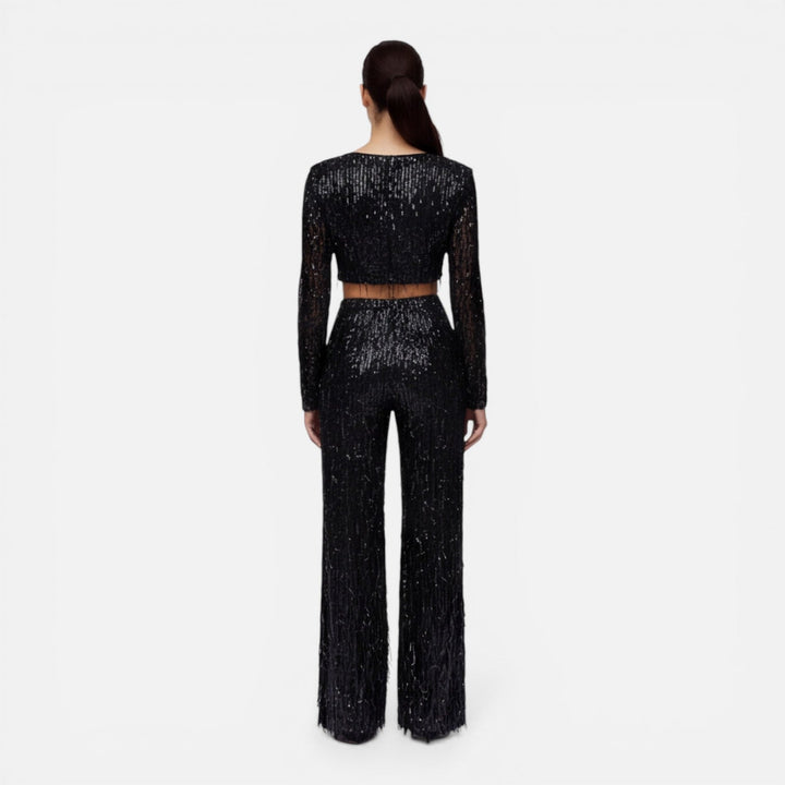 Fiona - Damen Pailletten Party Set Crop Top Weite Hose