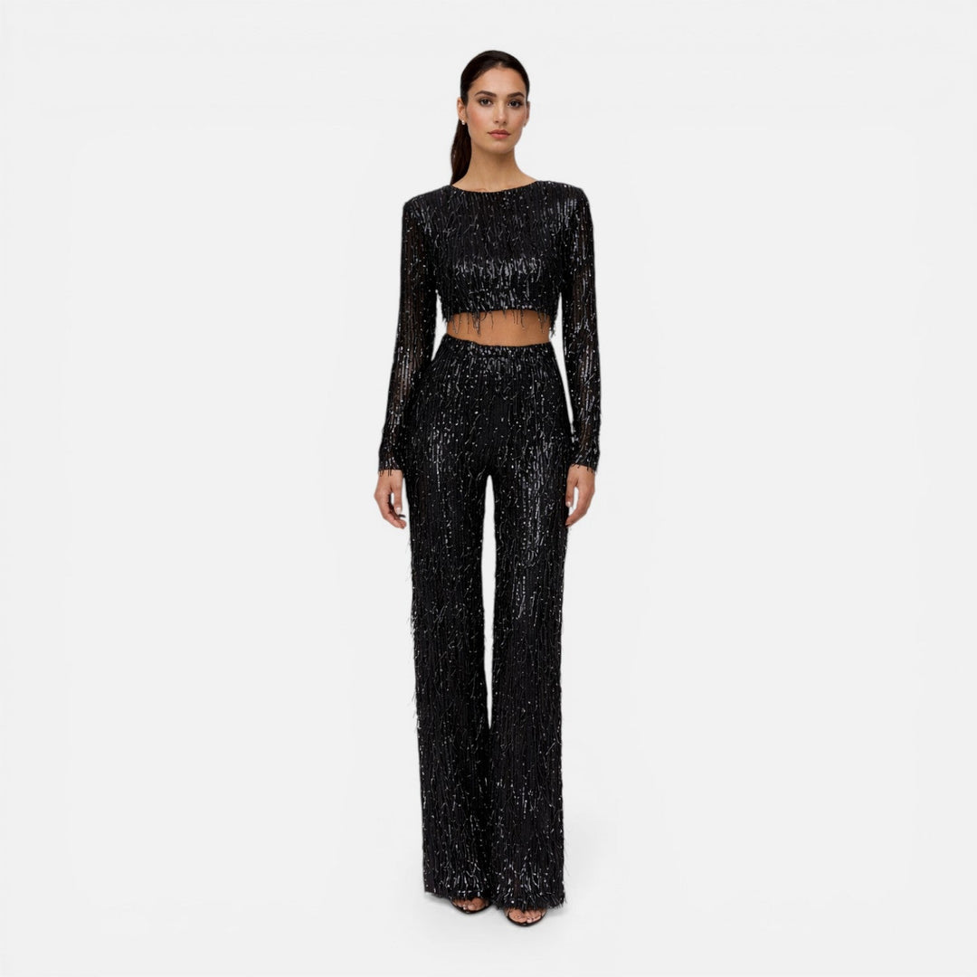 Fiona - Damen Pailletten Party Set Crop Top Weite Hose