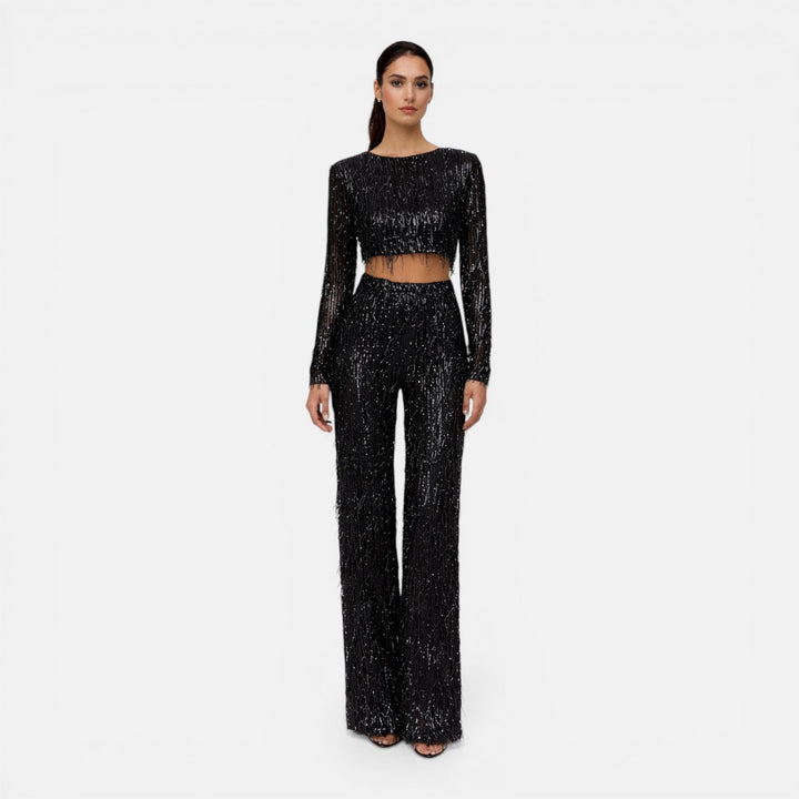Fiona - Damen Pailletten Party Set Crop Top Weite Hose