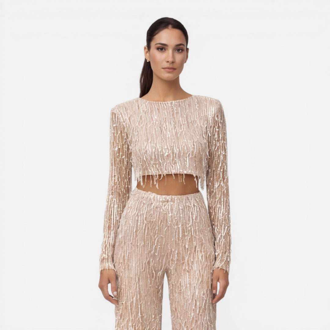 Fiona - Damen Pailletten Party Set Crop Top Weite Hose