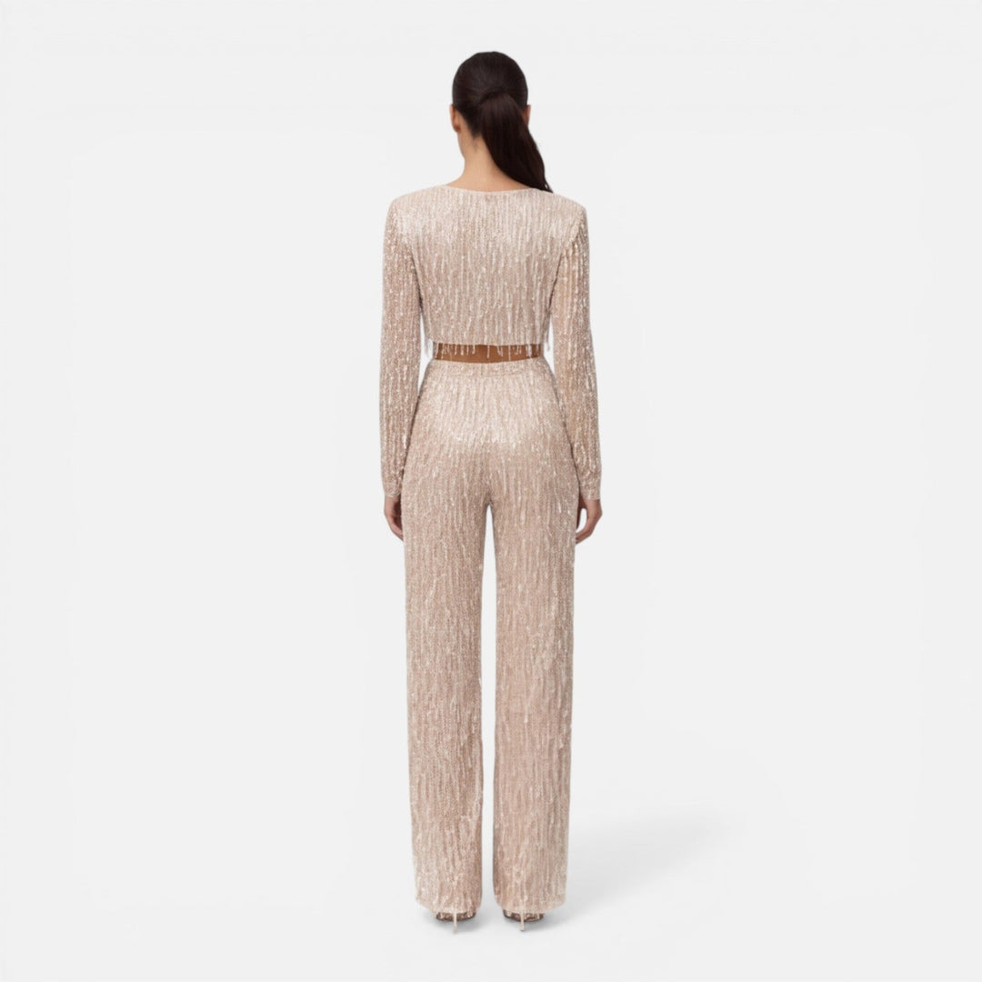 Fiona - Damen Pailletten Party Set Crop Top Weite Hose