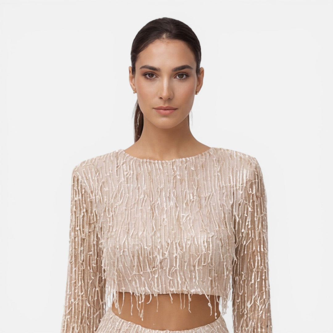 Fiona - Damen Pailletten Party Set Crop Top Weite Hose