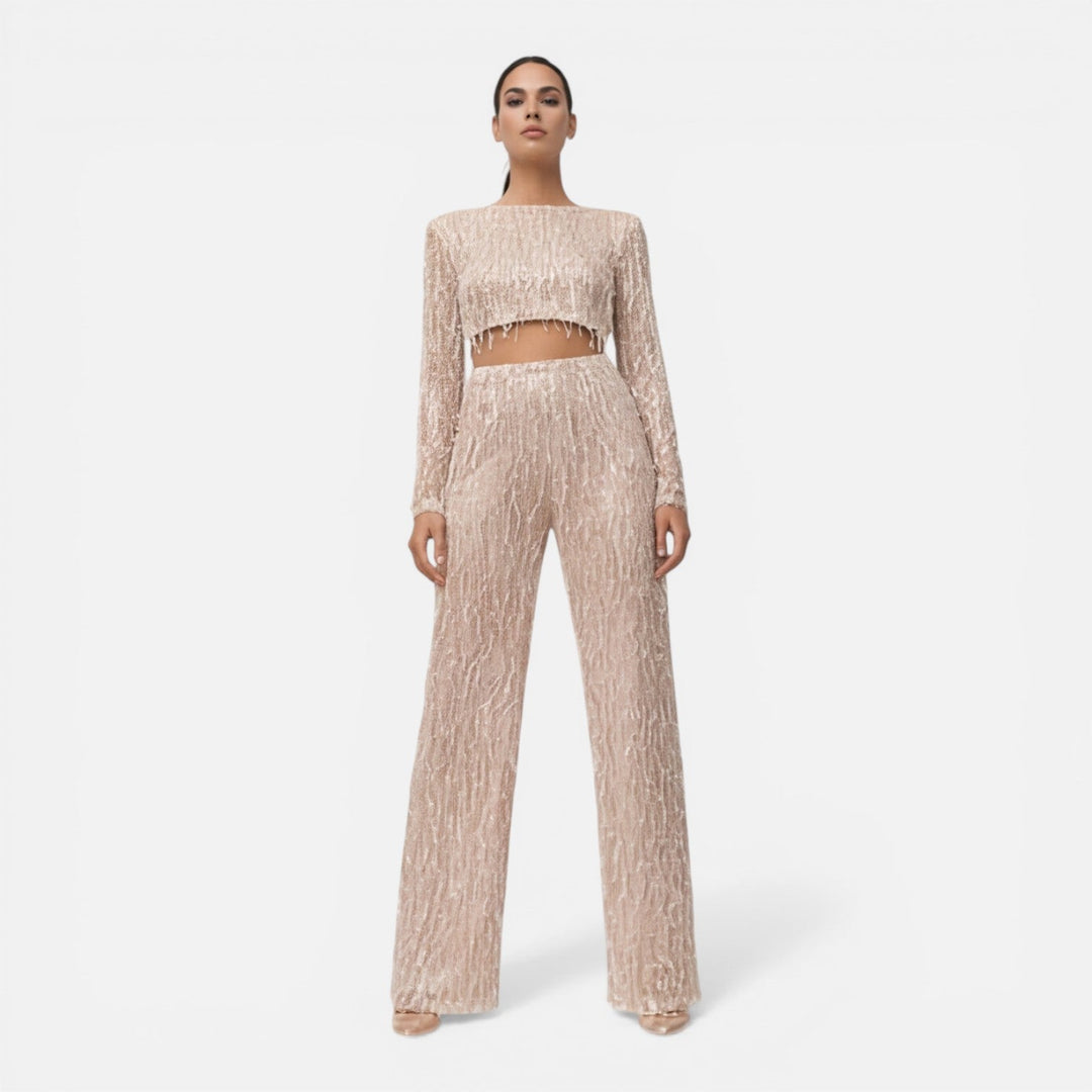 Fiona - Damen Pailletten Party Set Crop Top Weite Hose