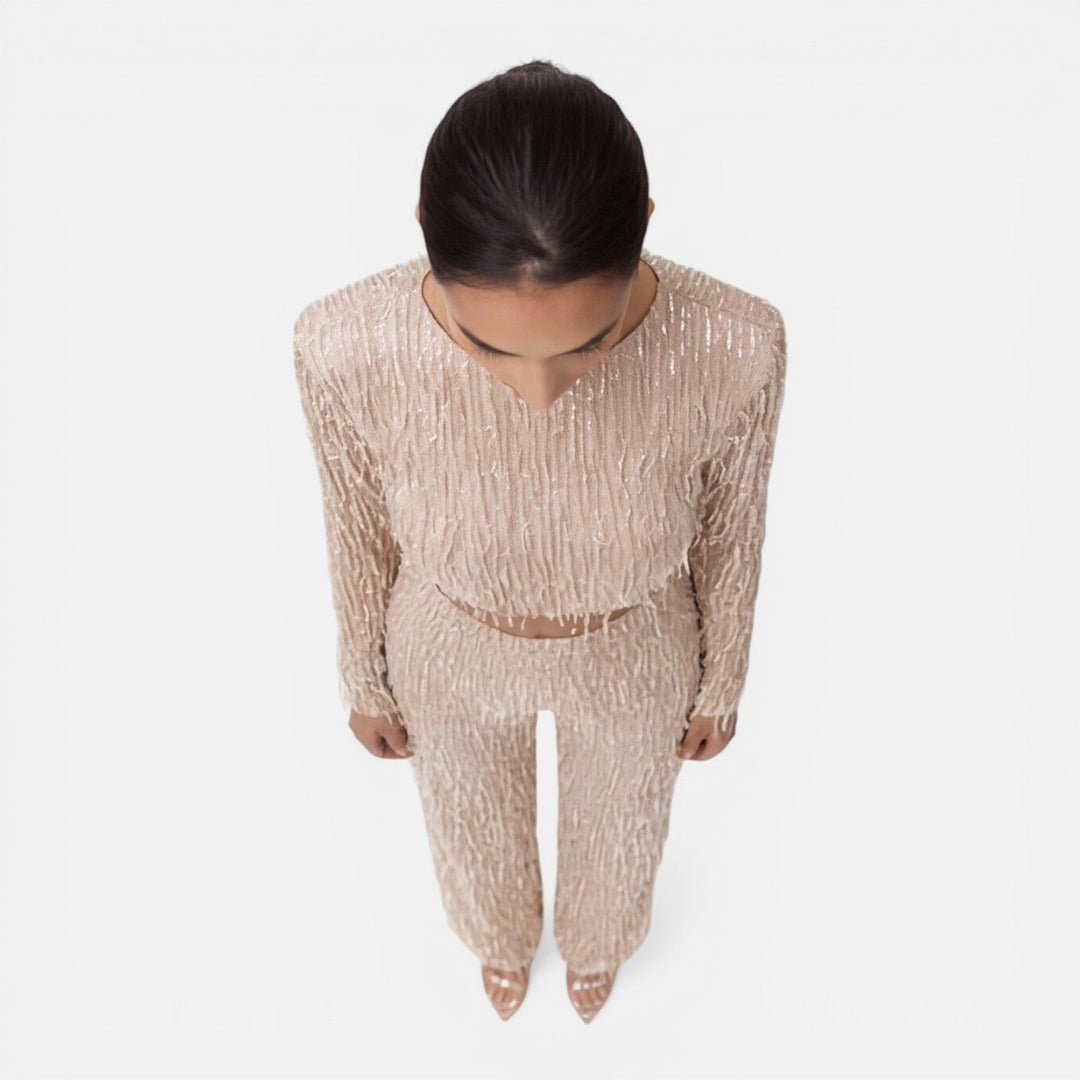 Fiona - Damen Pailletten Party Set Crop Top Weite Hose