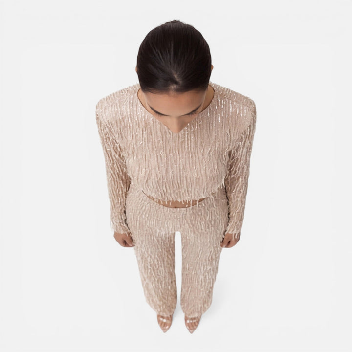 Fiona - Damen Pailletten Party Set Crop Top Weite Hose