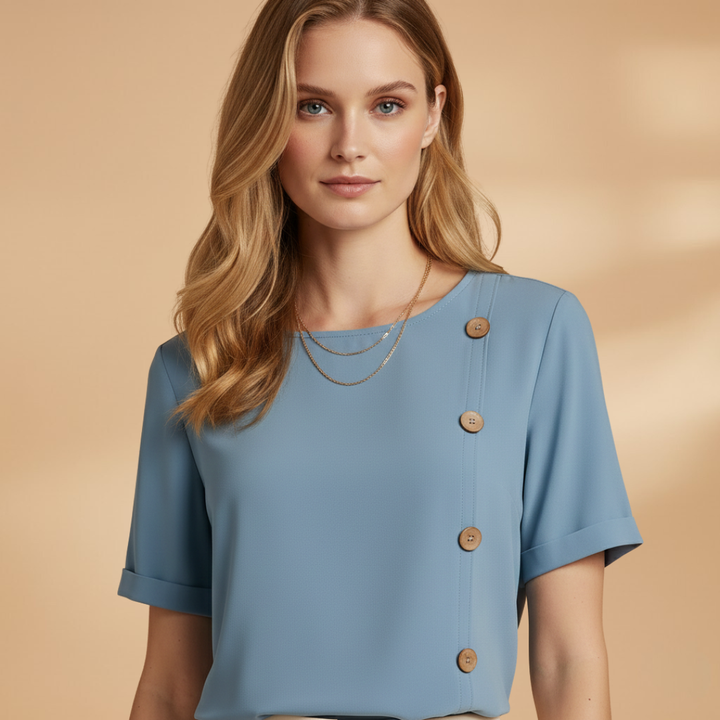 Livia - Kurzarm Bluse mit Seitlichen Knöpfen und Lockerer Passform
