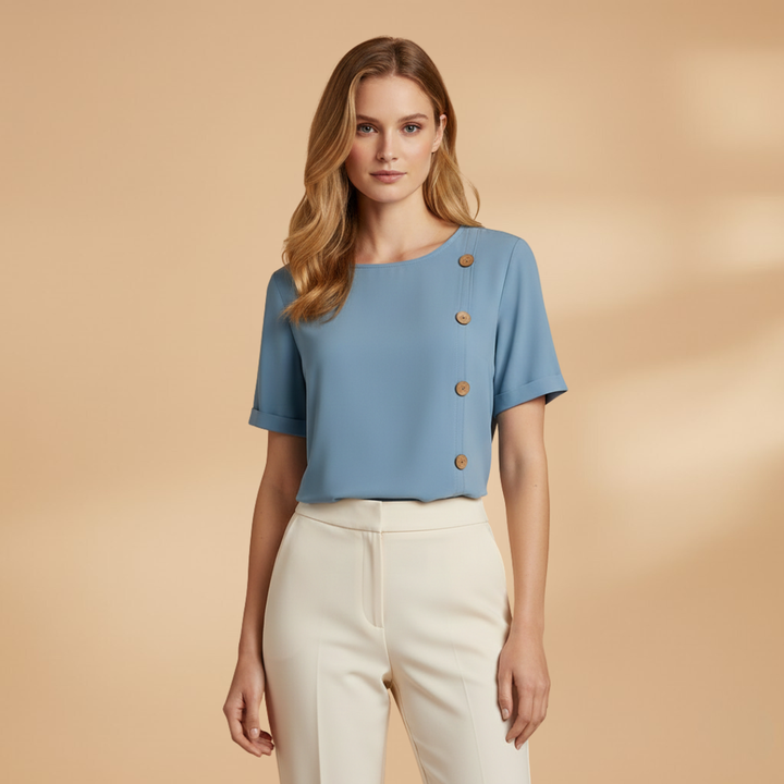 Livia - Kurzarm Bluse mit Seitlichen Knöpfen und Lockerer Passform