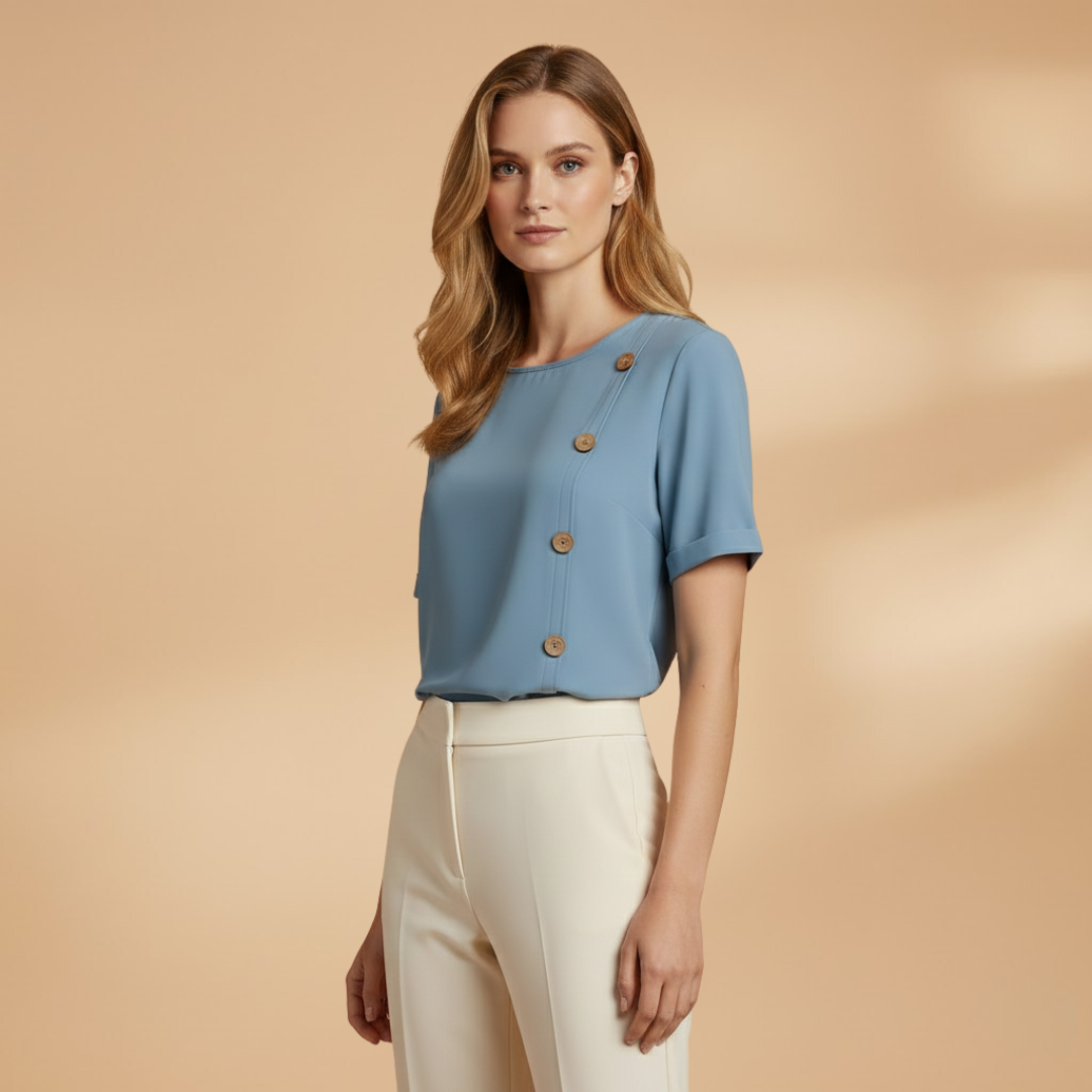 Livia - Kurzarm Bluse mit Seitlichen Knöpfen und Lockerer Passform