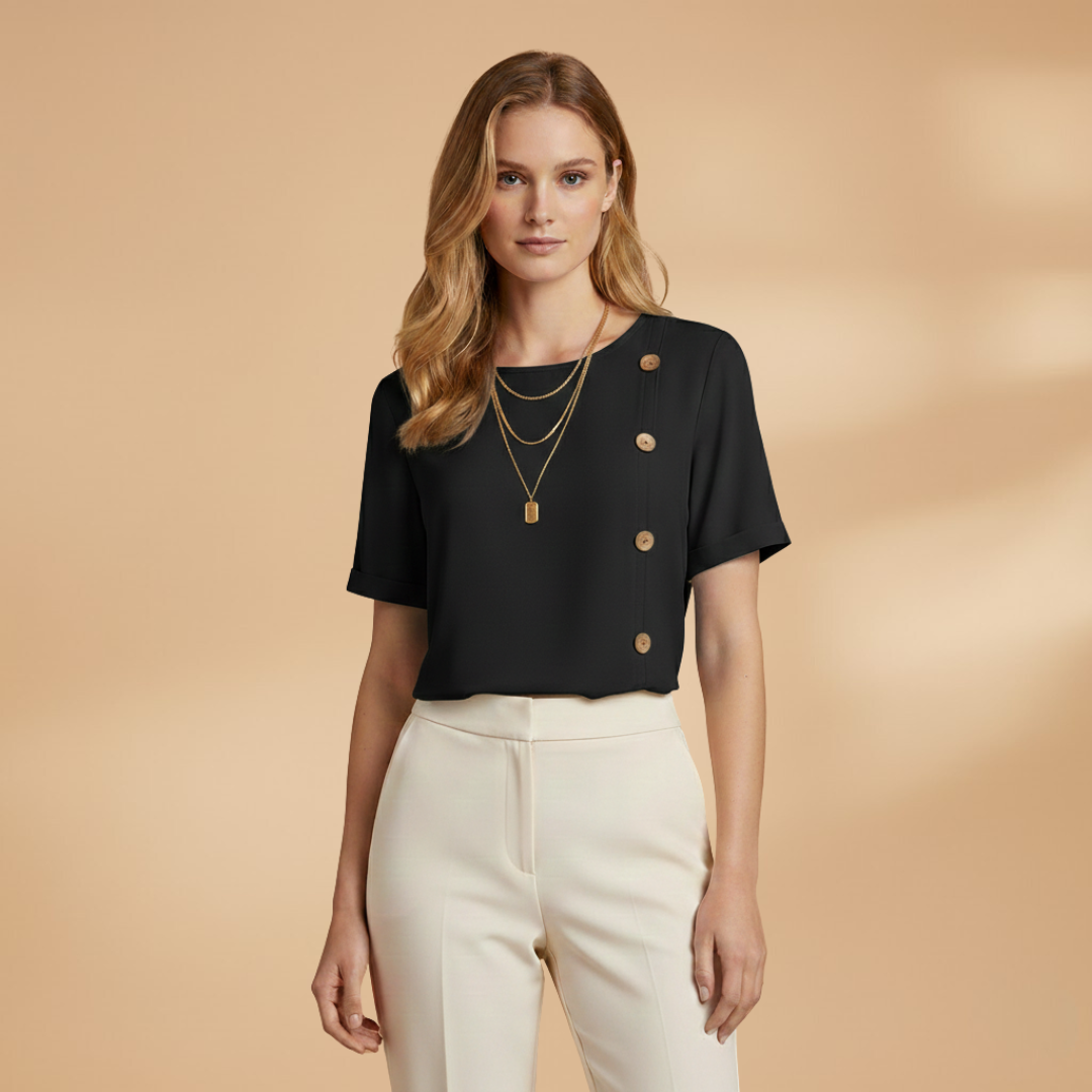 Livia - Kurzarm Bluse mit Seitlichen Knöpfen und Lockerer Passform