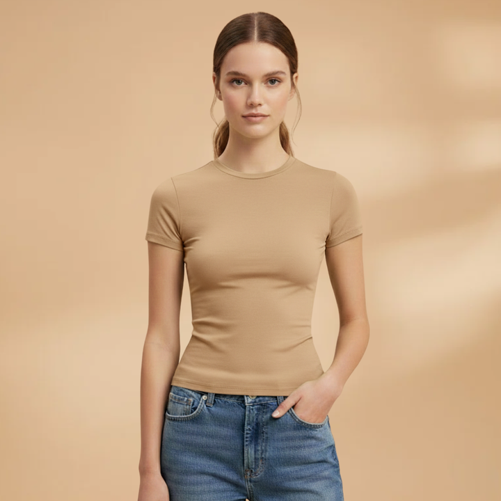 Veluna - Damen Slim Fit T Shirt Rundhals Alltag