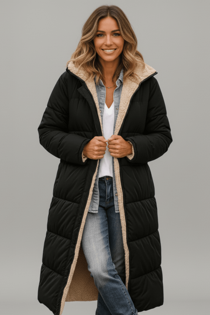 Amelia Laurent | Langer Puffer-Mantel mit Kapuze für Damen