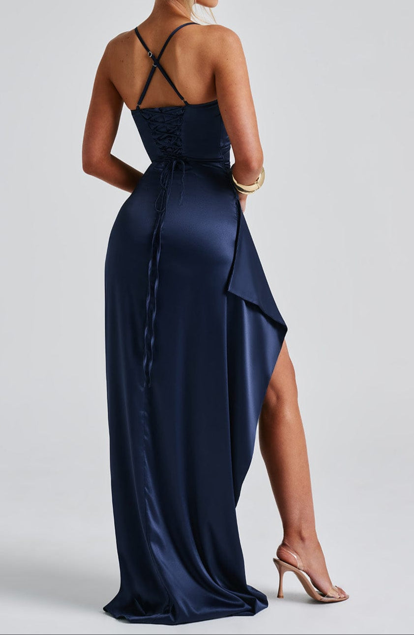 Vinelle – Marineblaues Abend-Maxikleid aus Satin