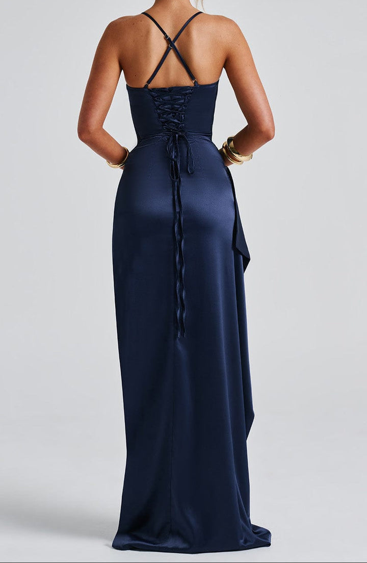 Vinelle – Marineblaues Abend-Maxikleid aus Satin