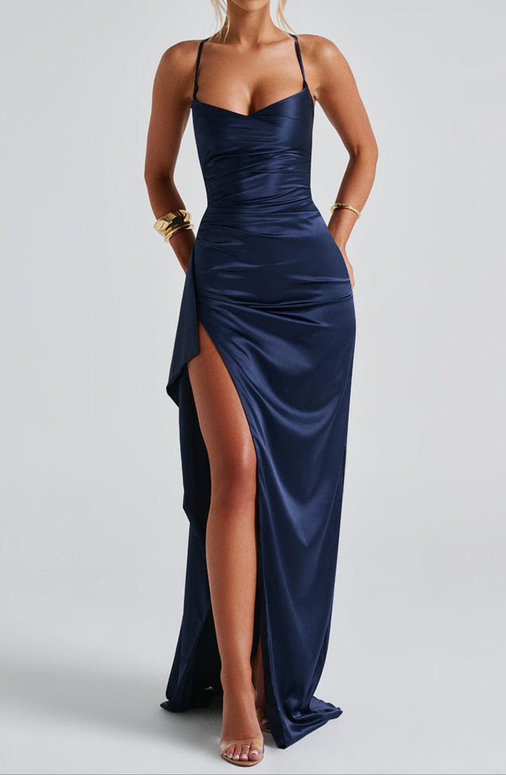Vinelle – Marineblaues Abend-Maxikleid aus Satin