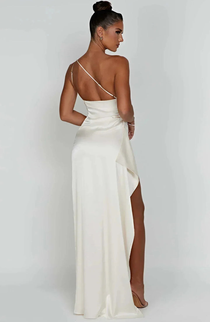 Damen Ein-Schulter-Abendkleid Maxikleid hohem Schlitz Drapiert - Image 12