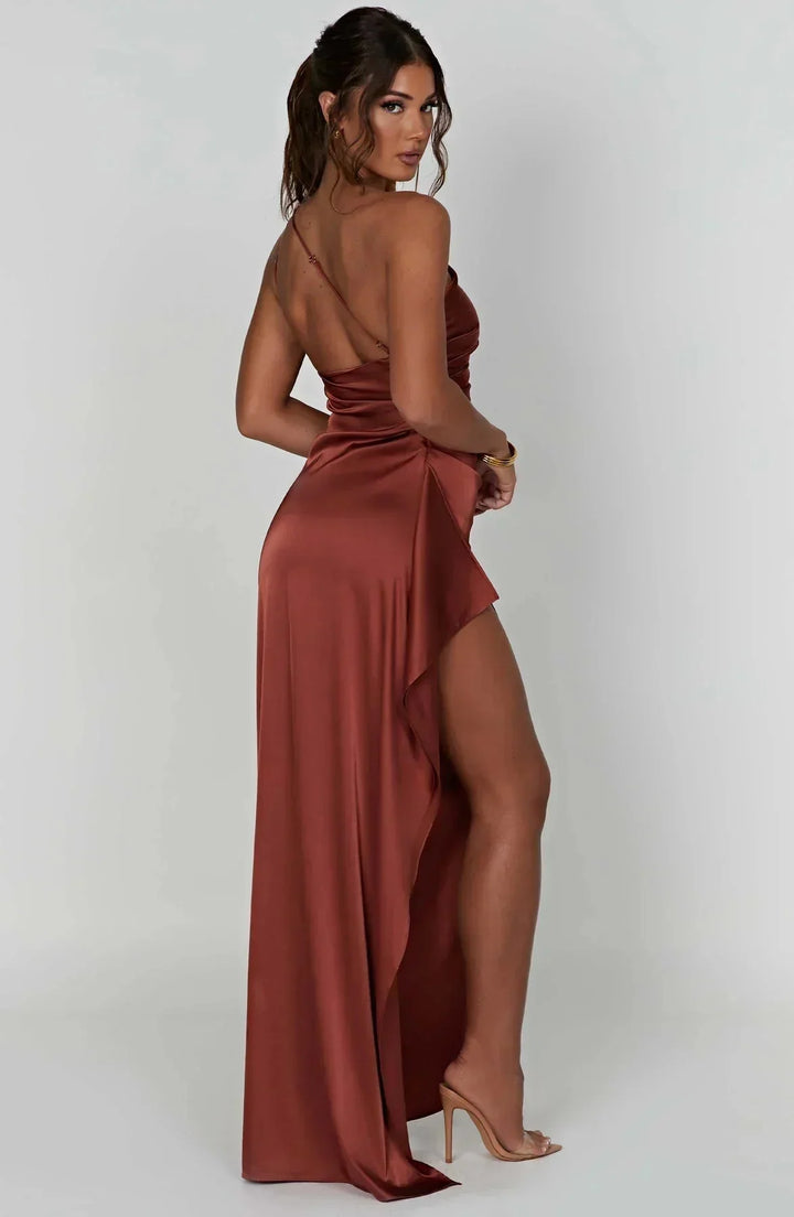 Damen Ein-Schulter-Abendkleid Maxikleid hohem Schlitz Drapiert - Image 13