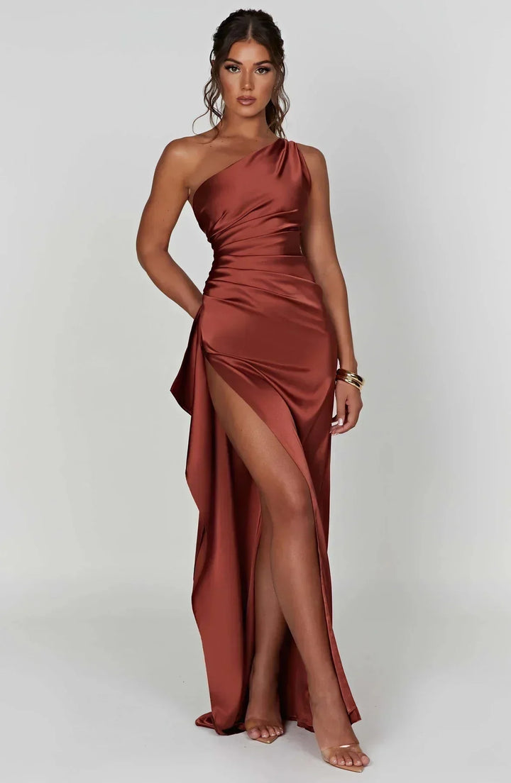 Damen Ein-Schulter-Abendkleid Maxikleid hohem Schlitz Drapiert - Image 14