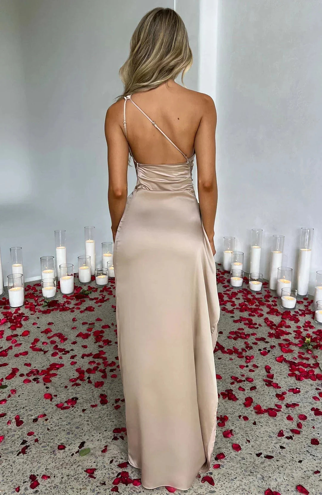 Damen Ein-Schulter-Abendkleid Maxikleid hohem Schlitz Drapiert - Image 6
