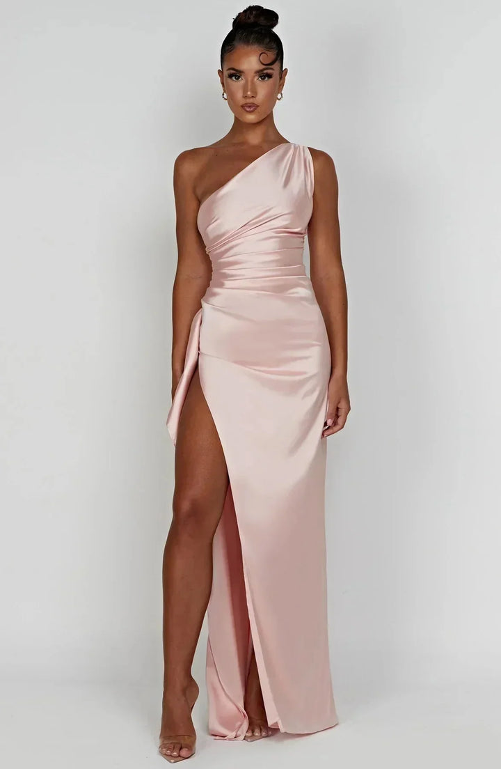 Damen Ein-Schulter-Abendkleid Maxikleid hohem Schlitz Drapiert - Image 7