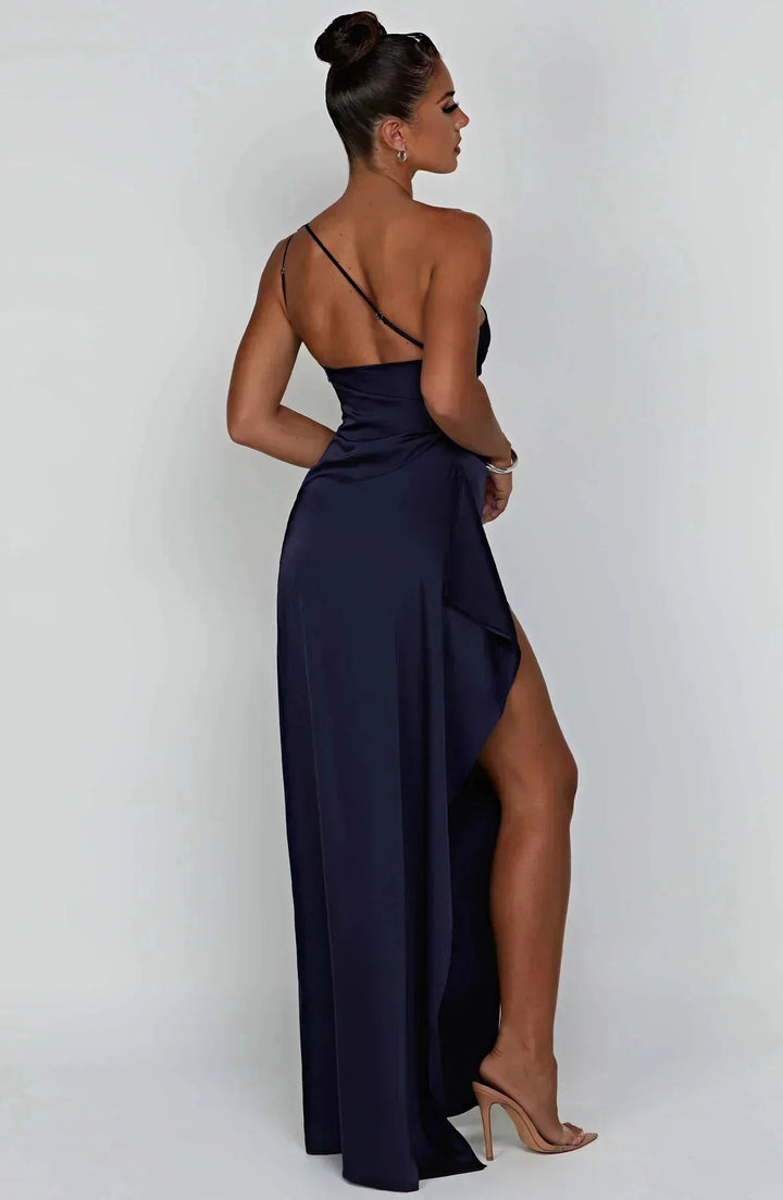 Damen Ein-Schulter-Abendkleid Maxikleid hohem Schlitz Drapiert - Image 10