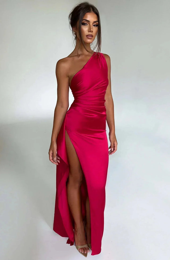 Damen Ein-Schulter-Abendkleid Maxikleid hohem Schlitz Drapiert - Image 3