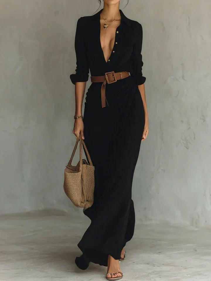 Linévora – Leinen Maxi Hemdblusenkleid Mit Gürtel