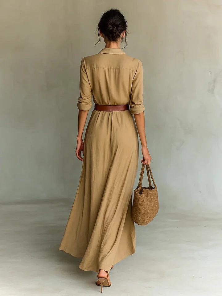 Linévora – Leinen Maxi Hemdblusenkleid Mit Gürtel