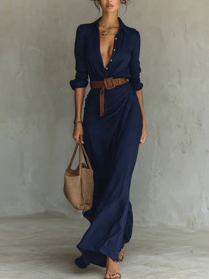 Linévora – Leinen Maxi Hemdblusenkleid Mit Gürtel
