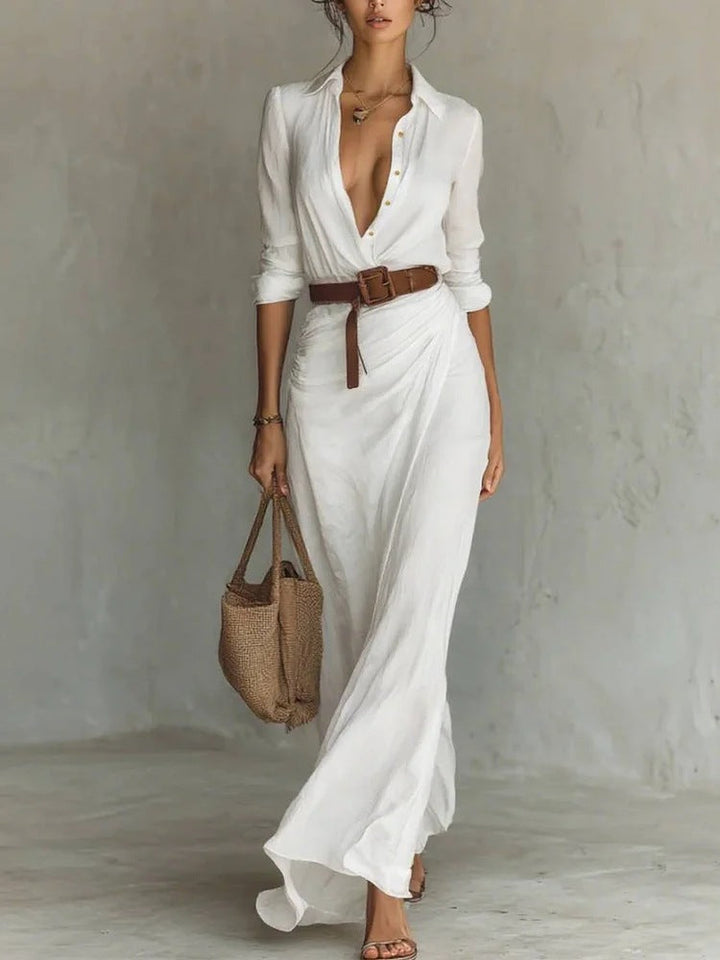 Linévora – Leinen Maxi Hemdblusenkleid Mit Gürtel