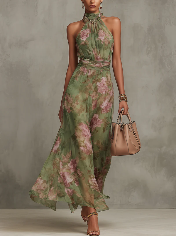 Damen Halterneck Blumen Maxikleid