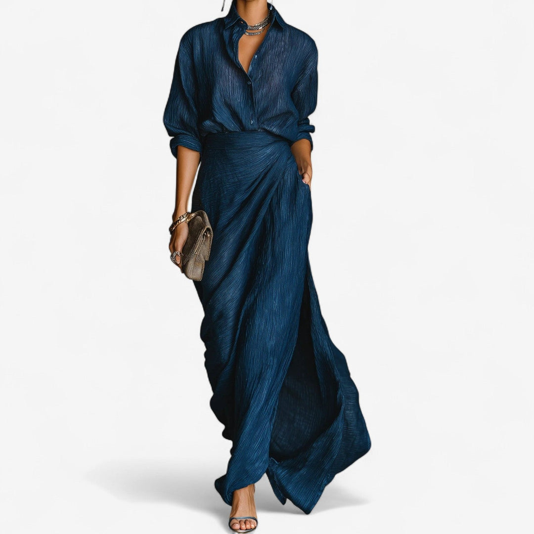 Damen Maxikleid Knopfleiste Langarm elegant