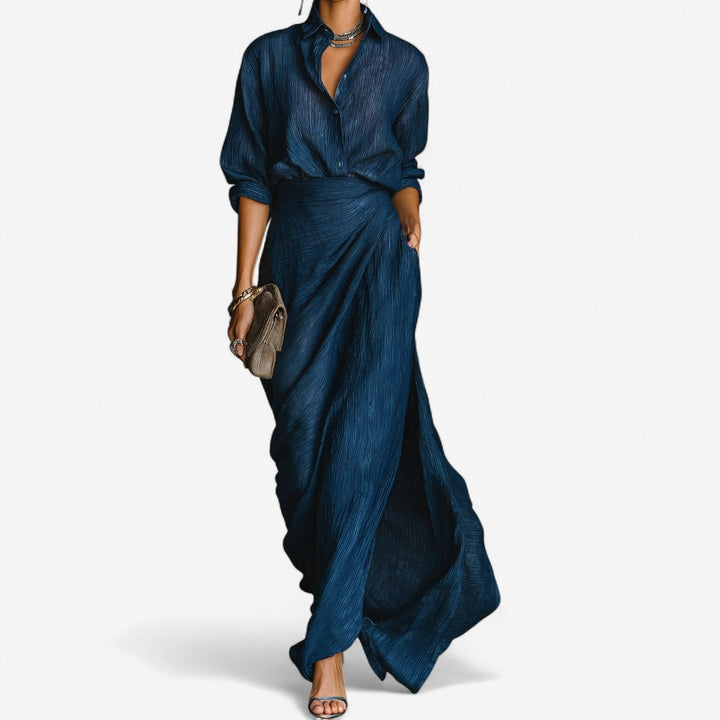 Damen Maxikleid Knopfleiste Langarm elegant