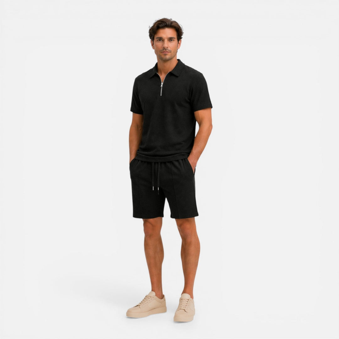 Hilary - Herren Struktur Zip Polo Set mit Shorts Sommer