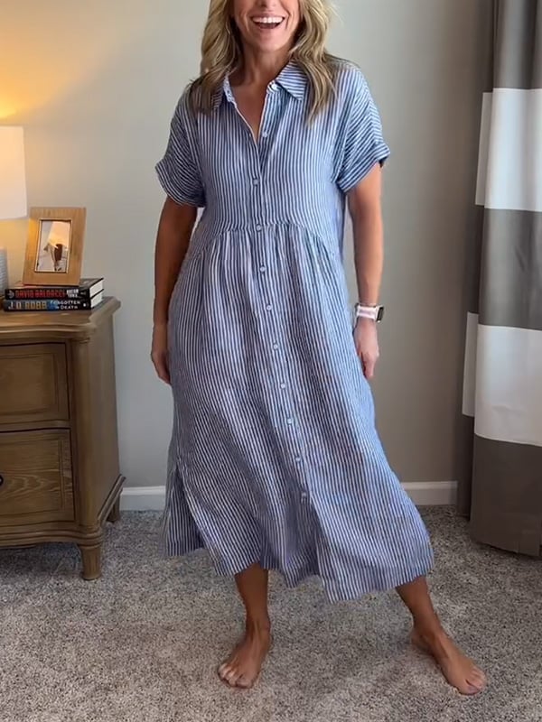 Women Striped Button Front Midi Shirt Dress Short Sleeve - Image 11