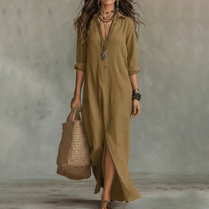 Damen Leinen Maxikleid mit Kragen - Image 5