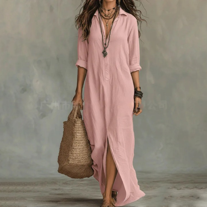 Damen Leinen Maxikleid mit Kragen - Image 4