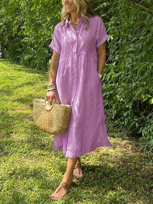 Women Striped Button Front Midi Shirt Dress Short Sleeve - Image 6