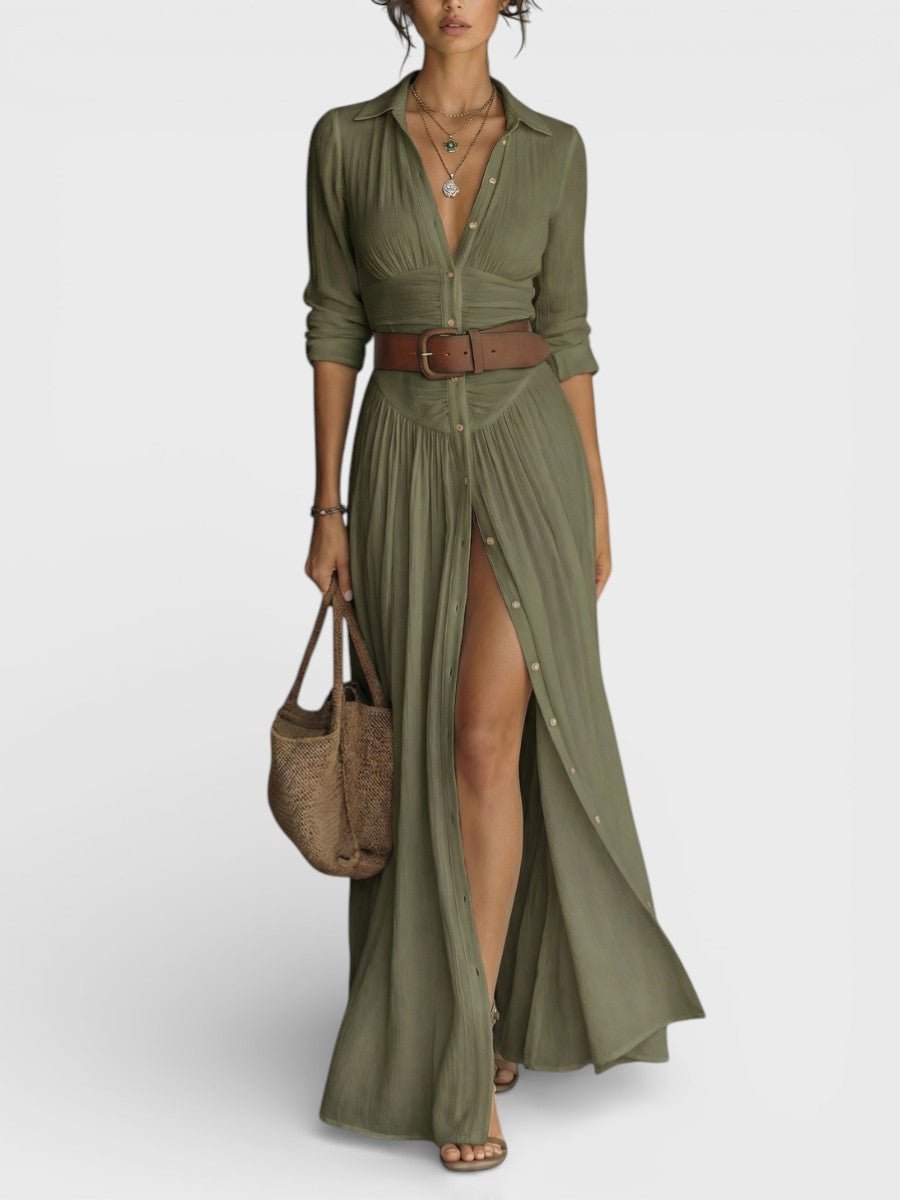 Damen Luftiges Maxikleid Hemdkleid Knopfleiste Gürtel - Image 3